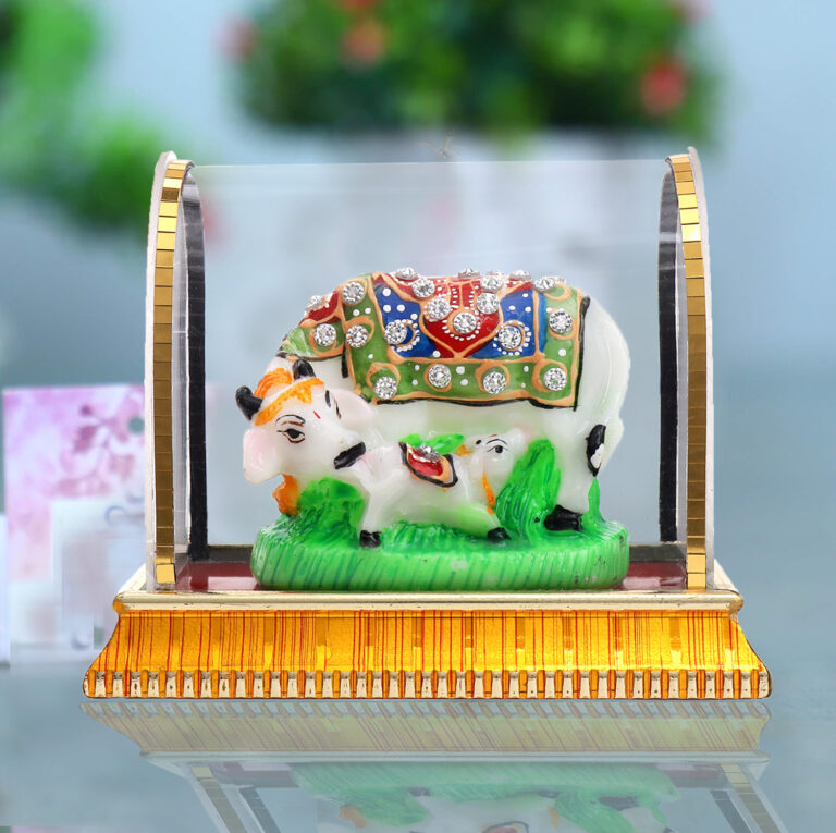 Calf Statue in Marble Kamdhenu Cow and Calf Big Handcrafted Statue | Holy Cow Idol Showpiece for Home Decor | Handmade Divine Cow with Baby Calf | 300g | L 11 cm | W 6.2 cm | H 9 cm | Multicolor